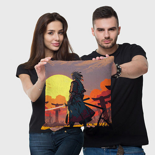 Подушка квадратная Самурай в доспехах на фоне солнца / 3D-принт – фото 3