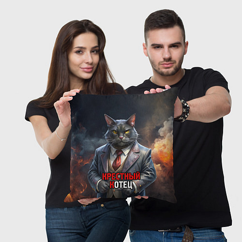 Подушка квадратная Крестный котец на фоне огня и дыма / 3D-принт – фото 3