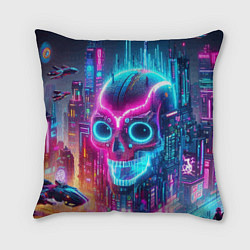 Подушка квадратная Neon skull in metropolis - future, цвет: 3D-принт