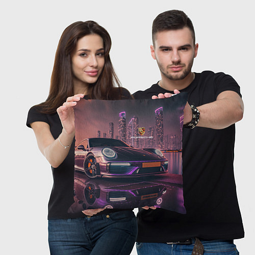 Подушка квадратная Porshe neon city / 3D-принт – фото 3