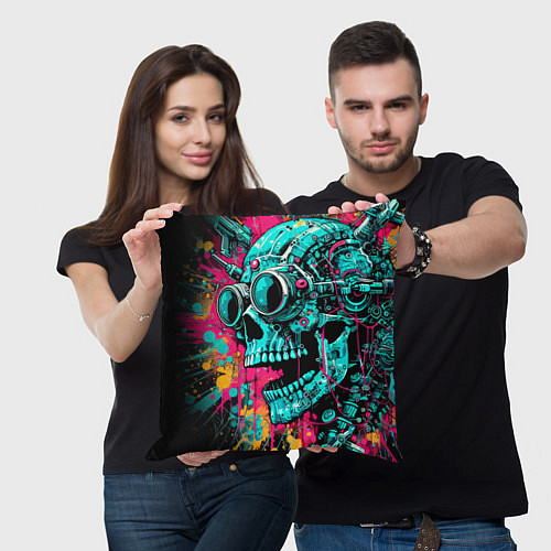 Подушка квадратная Cyber skull sketch - color blots / 3D-принт – фото 3