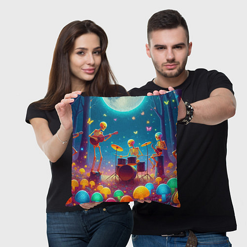 Подушка квадратная Квинтет скелетов музицирует на грибной поляне / 3D-принт – фото 3