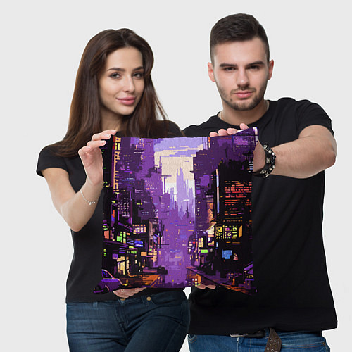 Подушка квадратная Киберпанк город фиолетовый / 3D-принт – фото 3