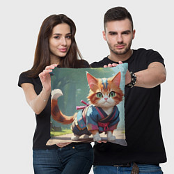 Подушка квадратная Котенок самурай, цвет: 3D-принт — фото 2