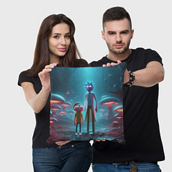 Подушка квадратная Морти и Рик в сказочном неоновом грибном лесу, цвет: 3D-принт — фото 2