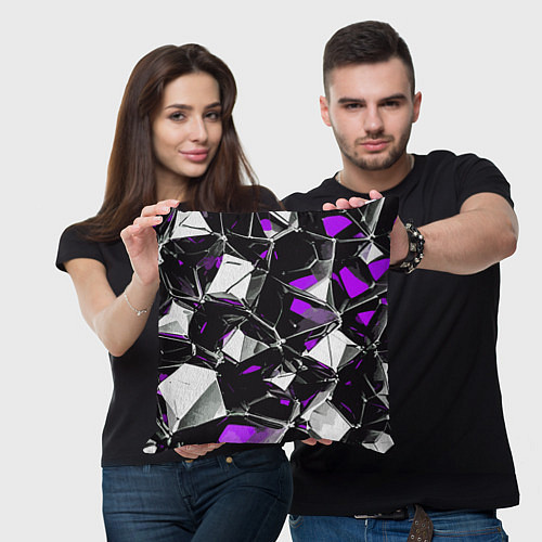 Подушка квадратная Фиолетово-белый паттерн на чёрном фоне / 3D-принт – фото 3