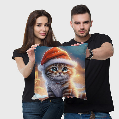 Подушка квадратная Новогодний котенок в шапочке / 3D-принт – фото 3