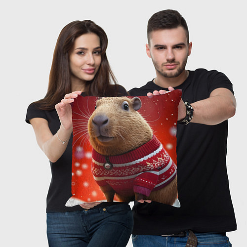 Подушка квадратная Красочная новогодняя капибара / 3D-принт – фото 3