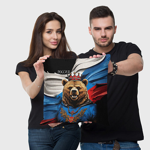 Подушка квадратная Русский медведь с гербом России на груди на фоне ф / 3D-принт – фото 3