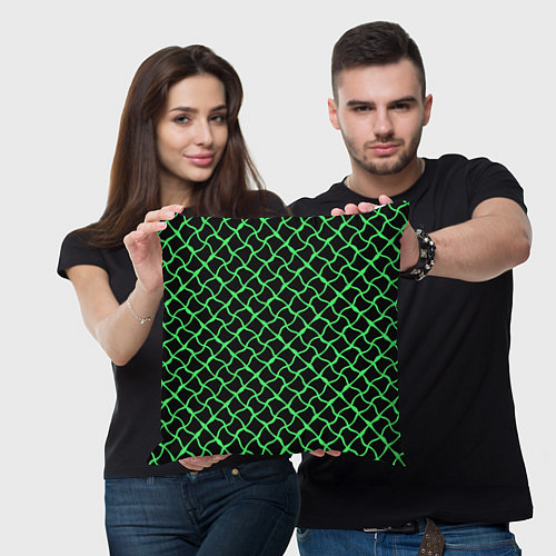 Подушка квадратная Чёрный и неоновый салатовый искажённые полосы / 3D-принт – фото 3