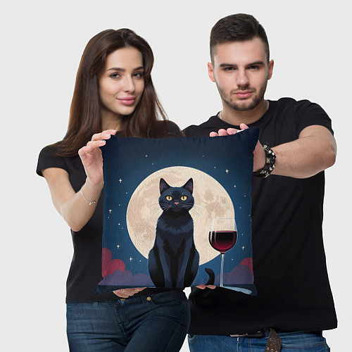 Подушка квадратная Кот с вином под луной / 3D-принт – фото 3