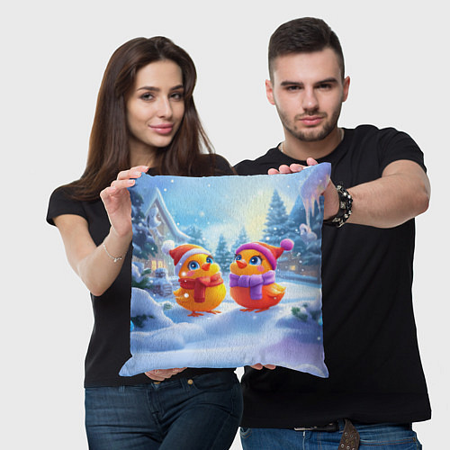 Подушка квадратная Радостные новогодние птички / 3D-принт – фото 3