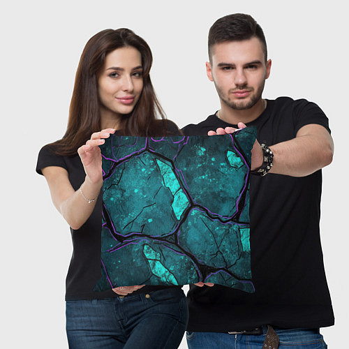 Подушка квадратная Зеленые разломленные плиты с фиолетовой обводкой / 3D-принт – фото 3