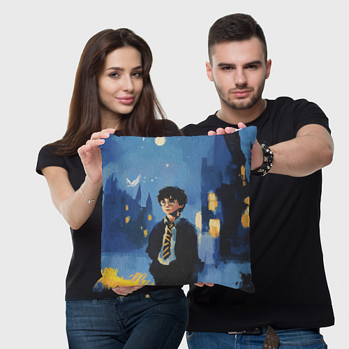 Подушка квадратная Гарри Поттер рисунок акварелью / 3D-принт – фото 3
