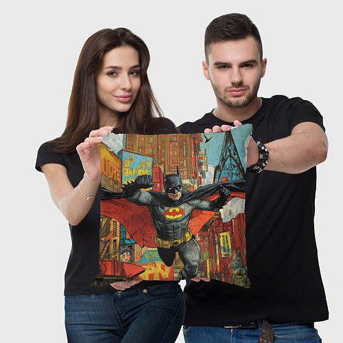 Подушка квадратная Бэтмен на фоне города / 3D-принт – фото 3
