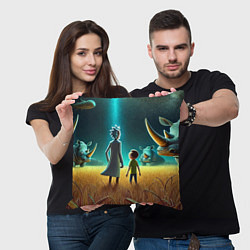 Подушка квадратная Морти и Рик на планете носорогов - неоновое свечен, цвет: 3D-принт — фото 2