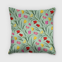 Подушка квадратная Тюльпаны цветочный паттерн на светло-зелёном фоне, цвет: 3D-принт