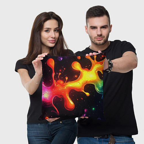 Подушка квадратная Радужные кляксы на черном фоне / 3D-принт – фото 3