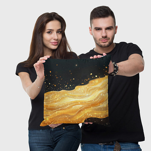 Подушка квадратная Золотистая материя на черном фоне / 3D-принт – фото 3