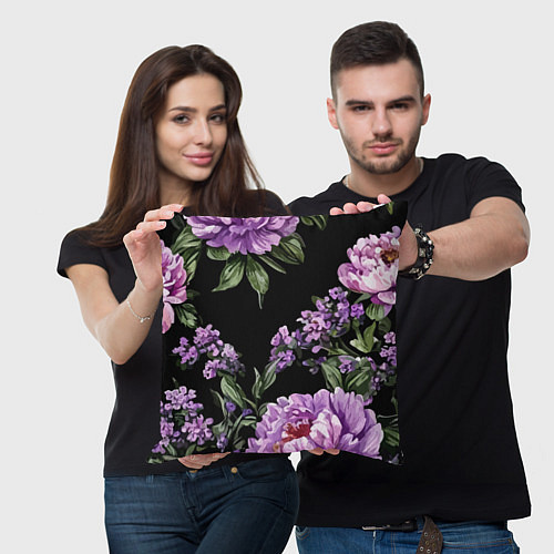 Подушка квадратная Пионы и лаванда винтажный узор / 3D-принт – фото 3