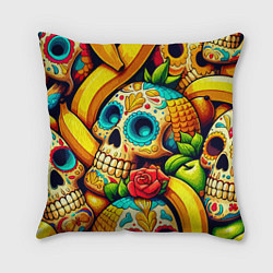 Подушка квадратная Colorfull skulls and bananas - pop art pattern, цвет: 3D-принт