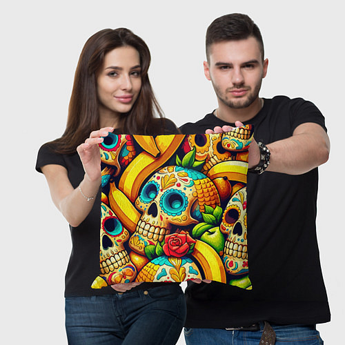 Подушка квадратная Colorfull skulls and bananas - pop art pattern / 3D-принт – фото 3