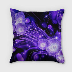 Подушка квадратная Силуэты цветов на темном фоне - фиолетовое свечени, цвет: 3D-принт