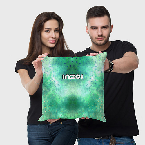 Подушка квадратная Inzoi белый логотип на зеленом фоне / 3D-принт – фото 3