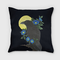 Подушка квадратная Чёрный ворон на ветке среди синих цветов под луной, цвет: 3D-принт