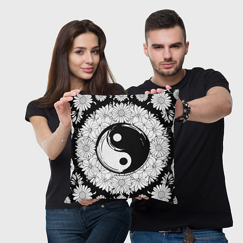 Подушка квадратная Инь янь цветы с котами / 3D-принт – фото 3