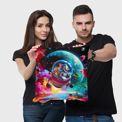 Подушка квадратная Том и Джерри летят в ракете - нейроарт / 3D-принт – фото 3