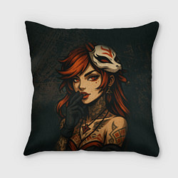 Подушка квадратная Рыжая девушка с маской лисы дерзкий стиль, цвет: 3D-принт