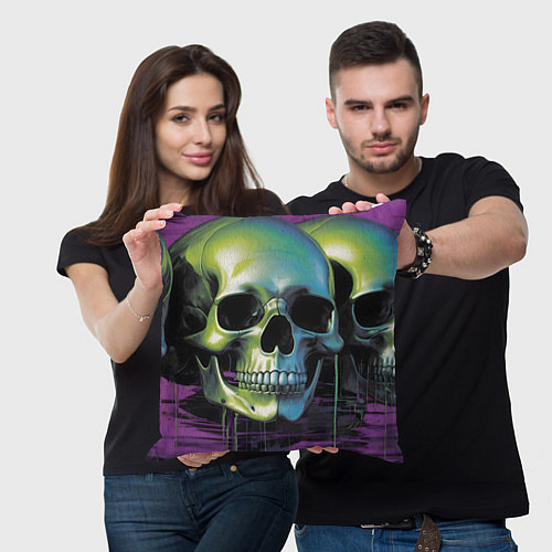 Подушка квадратная Черепа отливающие неоном / 3D-принт – фото 3