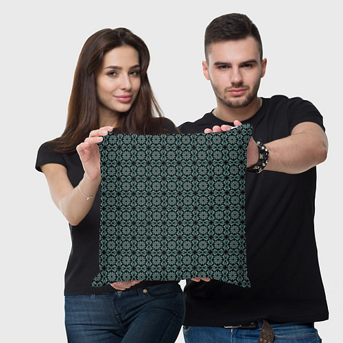 Подушка квадратная Чёрный с синим узором патерн / 3D-принт – фото 3