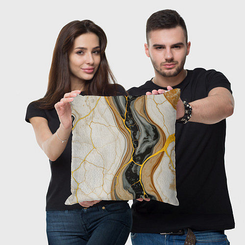 Подушка квадратная Золотистые прожилки в мраморе / 3D-принт – фото 3