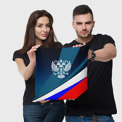 Подушка квадратная Герб и флаг России текстурный тёмный синий / 3D-принт – фото 3