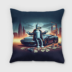Подушка квадратная Бендер рядом с Ламбо и рассыпанным баблом, цвет: 3D-принт