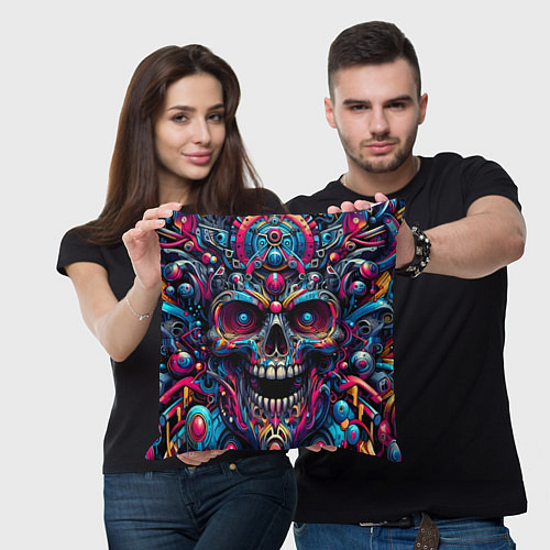 Подушка квадратная Colorful cyber skull - pattern / 3D-принт – фото 3