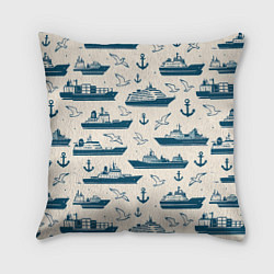 Подушка квадратная Морской паттерн из чаек, якорей и кораблей, цвет: 3D-принт