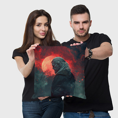 Подушка квадратная Ведьмак на фоне красной луны / 3D-принт – фото 3