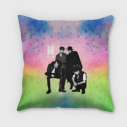 Подушка квадратная BTS черно-белый стиль на радужном фоне, цвет: 3D-принт