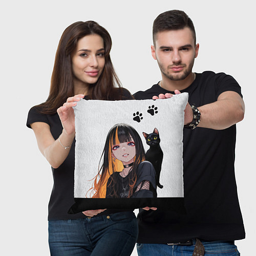 Подушка квадратная Девушка и кот / 3D-принт – фото 3