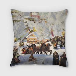Подушка квадратная Русская тройка зимой - картина Масленица Кустодиев, цвет: 3D-принт
