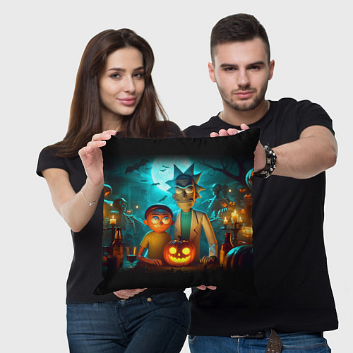 Подушка квадратная Morty and Rick with pumpkin - neon halloween / 3D-принт – фото 3