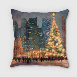 Подушка квадратная Москва - сити и новогодняя елка, цвет: 3D-принт