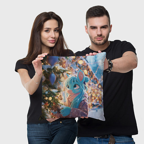 Подушка квадратная Синяя новогодняя лошадка / 3D-принт – фото 3