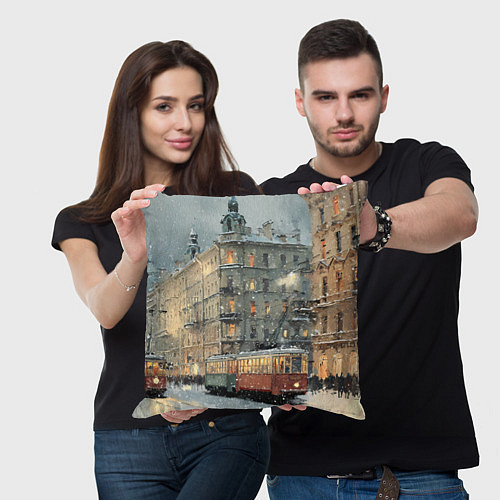 Подушка квадратная Трамваи в зимнем Санкт-Петербурге / 3D-принт – фото 3