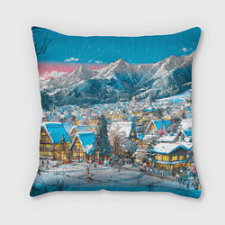 Подушка квадратная Новогодняя деревушка в горах, цвет: 3D-принт
