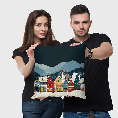 Подушка квадратная Новогодний городок в горах / 3D-принт – фото 3