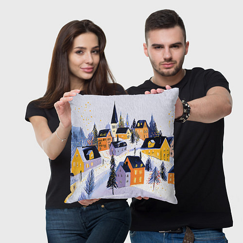 Подушка квадратная Новогодние домики на горе / 3D-принт – фото 3